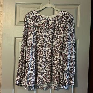 Talbots Red, White, Blue Paisley long sleeve ruffle yoke blouse